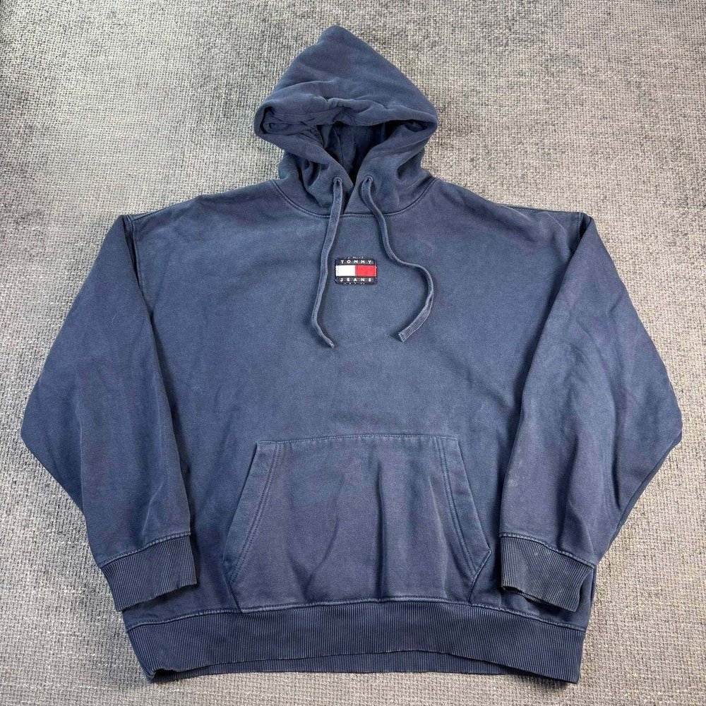 Tommy Jeans Hoodie Mens XL Navy Blue Vintage 90s Oversized Center Flag Logo